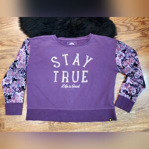 Life is Good Stay True Purple Floral Sleeve Relaxed Fit Sweatshirt Size L
